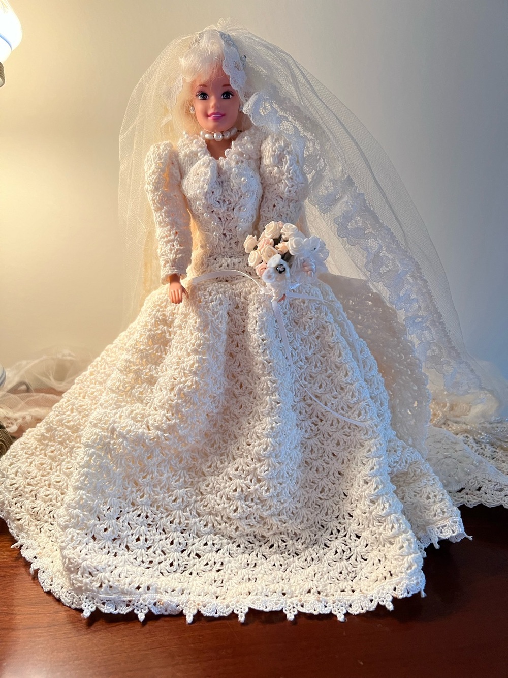Barbie doll in Amazon hand crocheted wedding gown with veil and bouquet